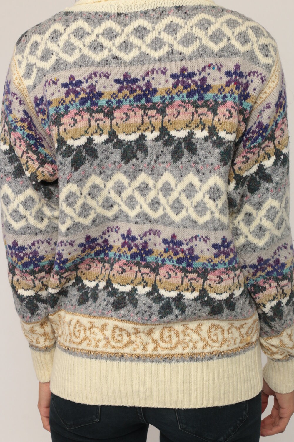 80s Grey Floral Turtleneck Wool Blend Knit Sweater Small Medium