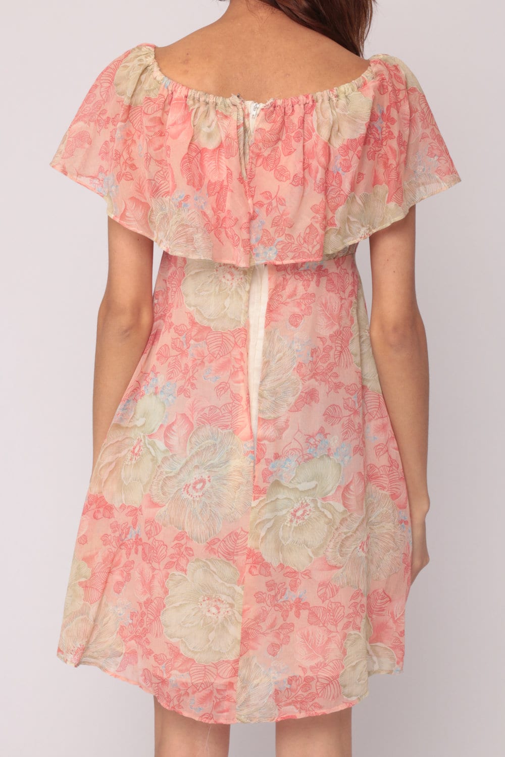 70s Pink Floral Flutter Sleeve Mini Dress Off-Shoulder Small Medium