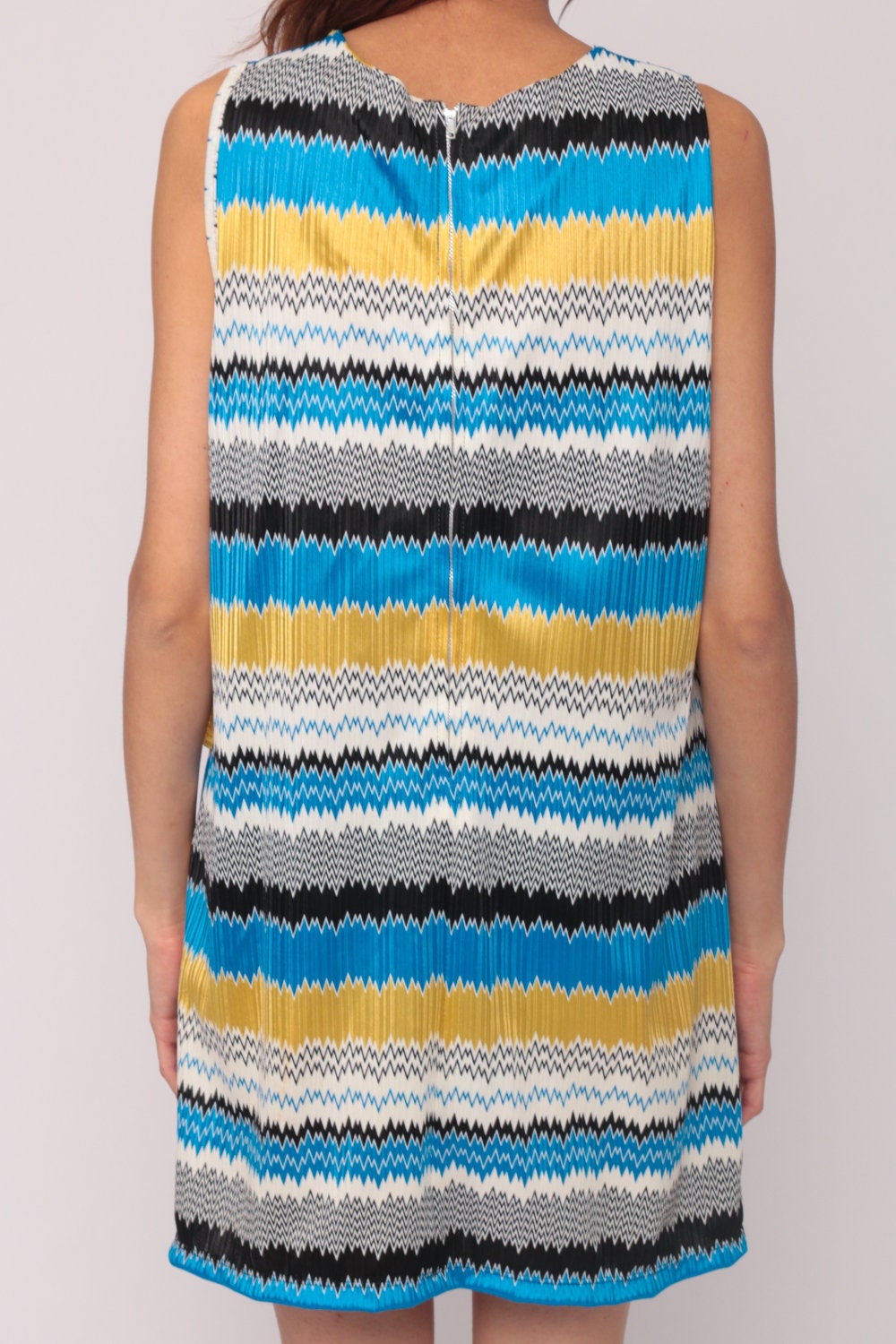 60s Mod Striped Shift Dress Mini Sleeveless Belted Blue Plus Size XL