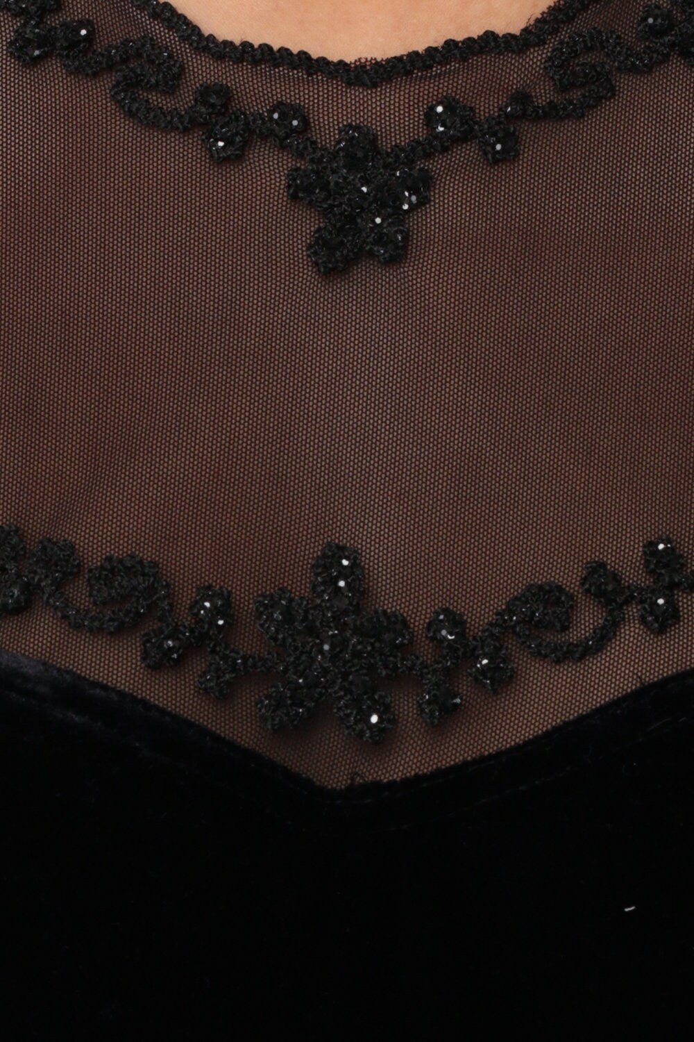 90s Black Velvet Maxi Dress Sequin Mesh Neckline Bodycon Small Medium