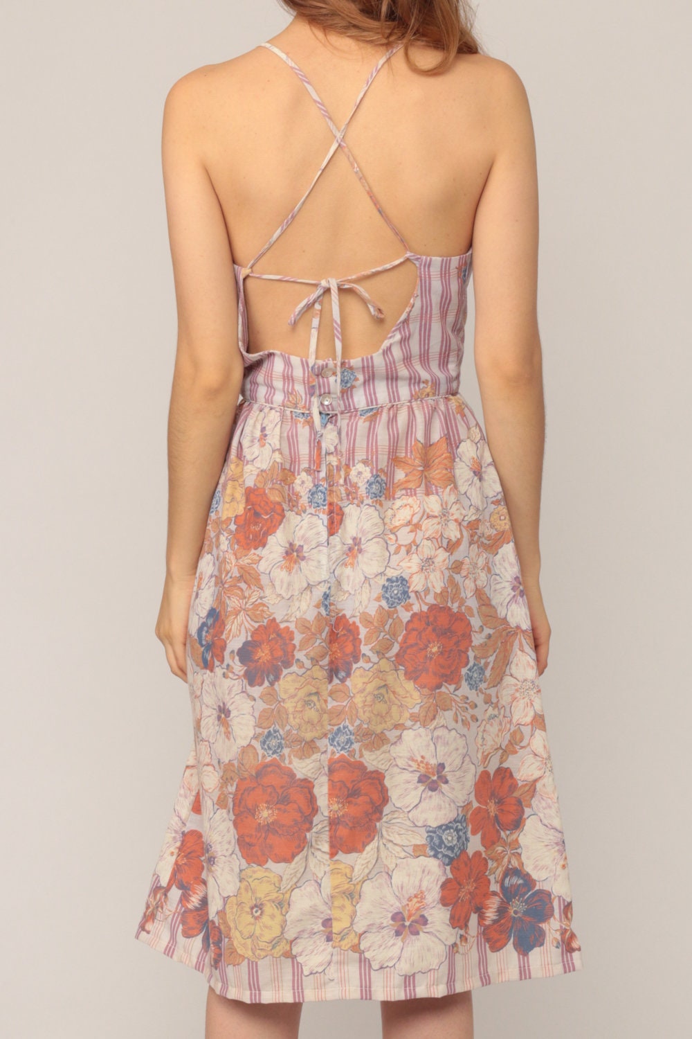 70s Floral Midi Sundress Criss Cross Open Back High Waist Cotton Extra Small