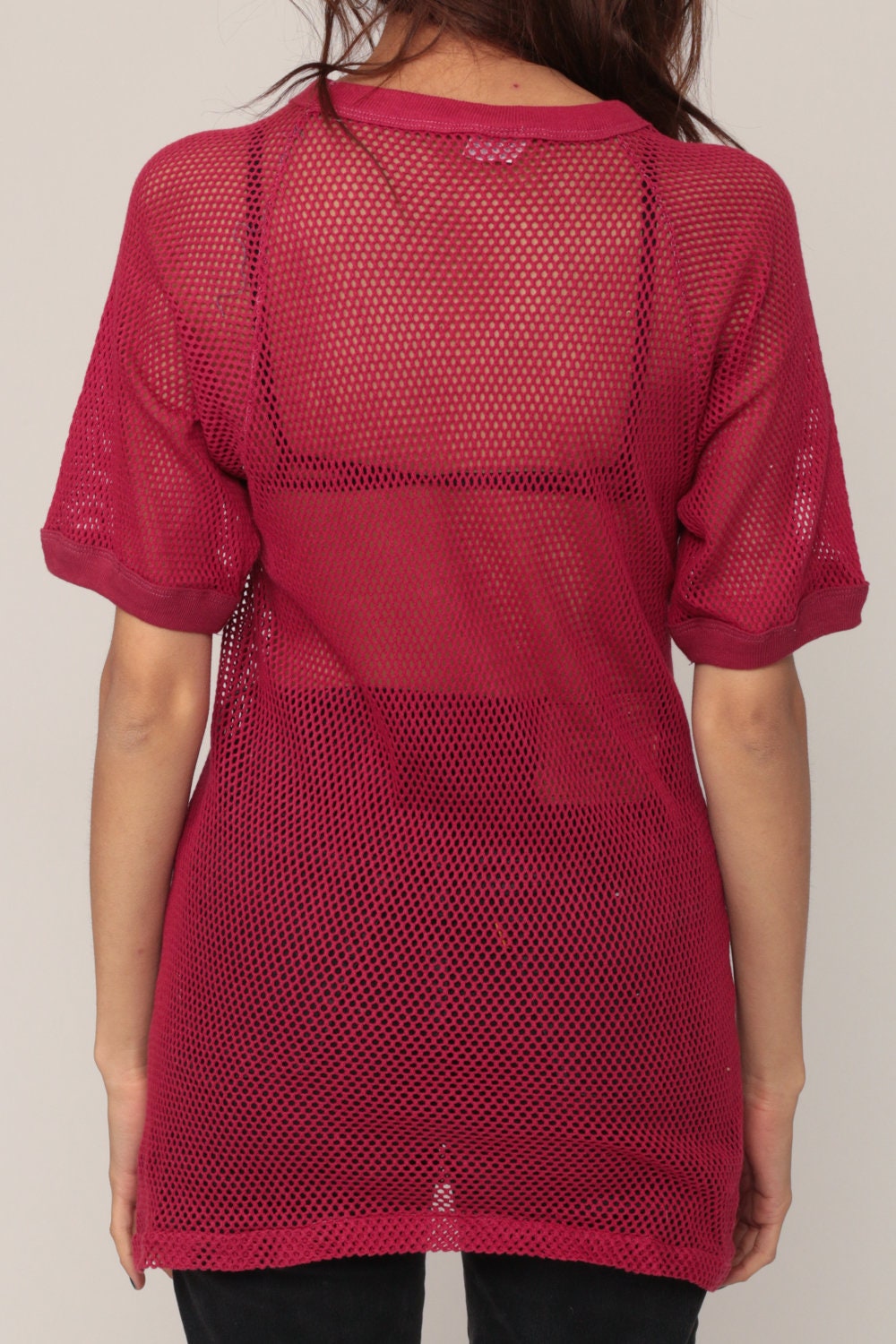 80s Burgundy Mesh Raglan Jersey Shirt Sheer Cotton Tee Medium Large