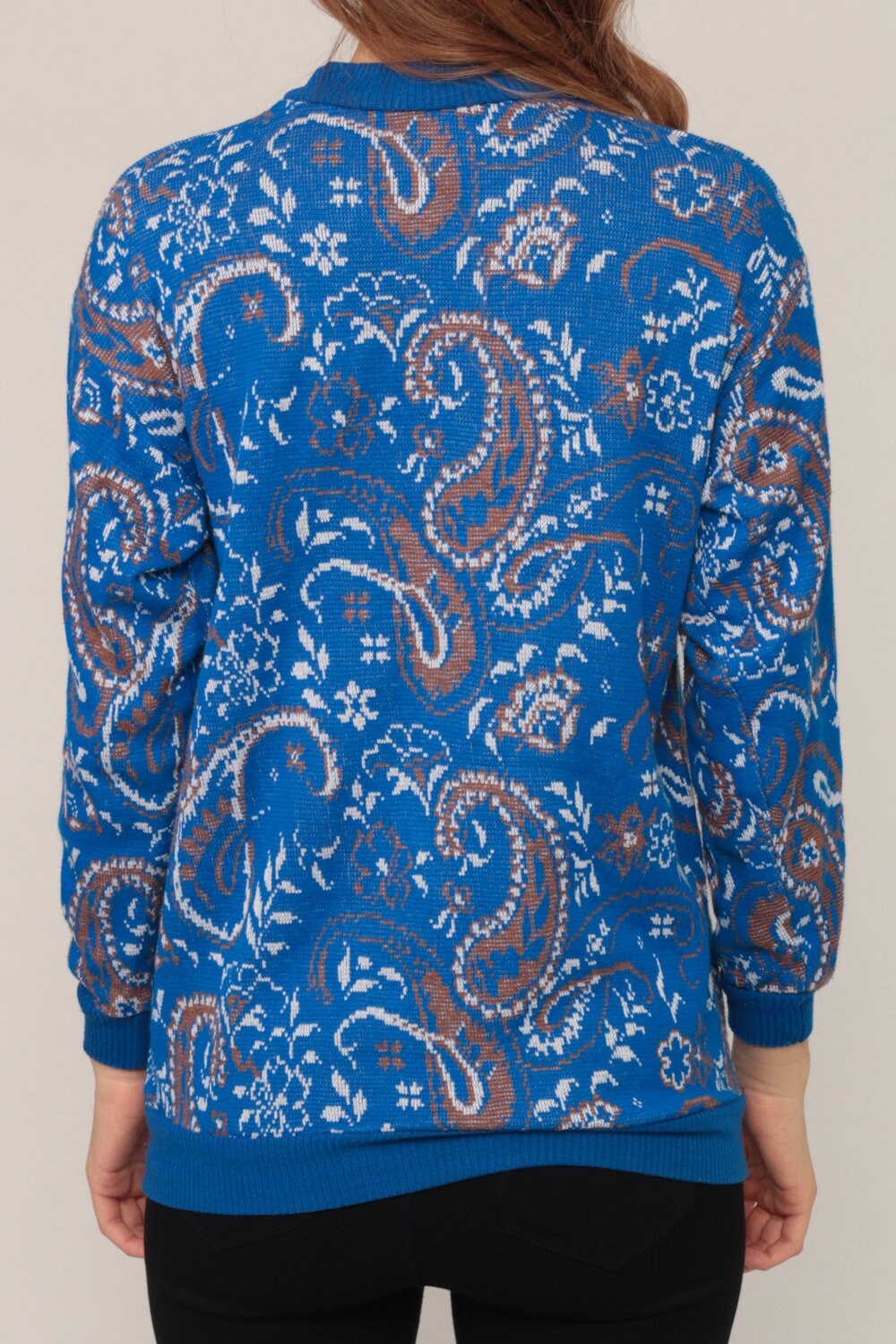 70s Paisley Print Pullover Sweater Blue Small