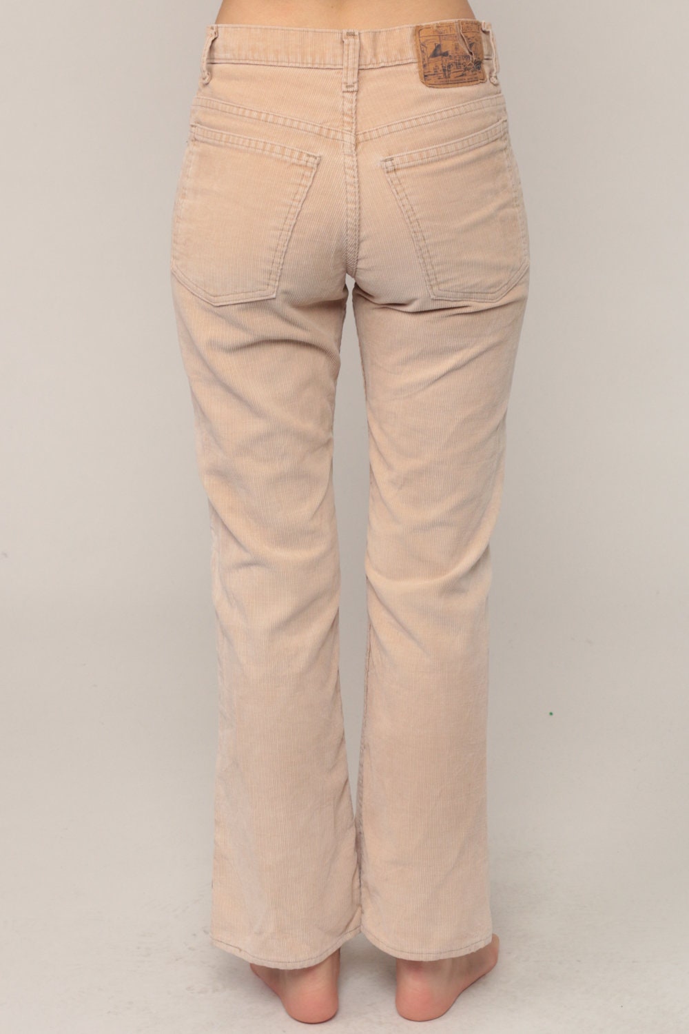 70s Plain Pockets Corduroy Bell Bottom Trousers Tan High Waist Small