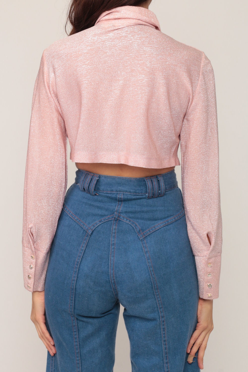 70s Metallic Pink Silver Crop Top Long Sleeve Blouse Small Medium
