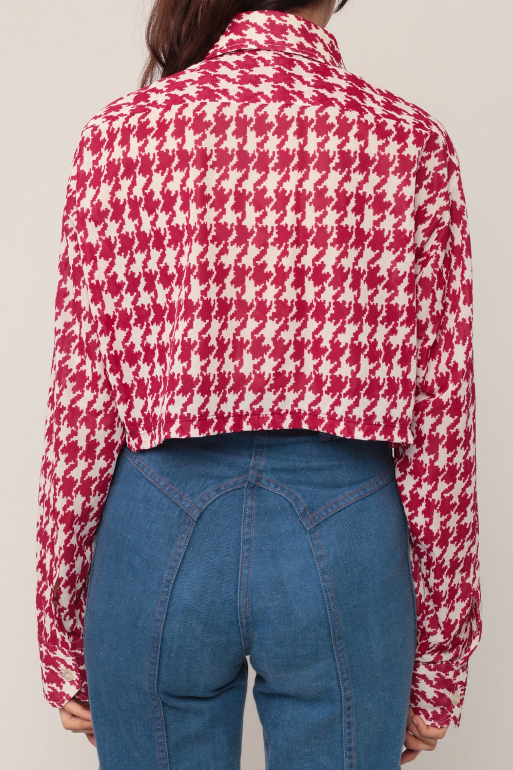 70s Houndstooth Crop Top Red Plaid Button-Up Long Sleeve Blouse Large