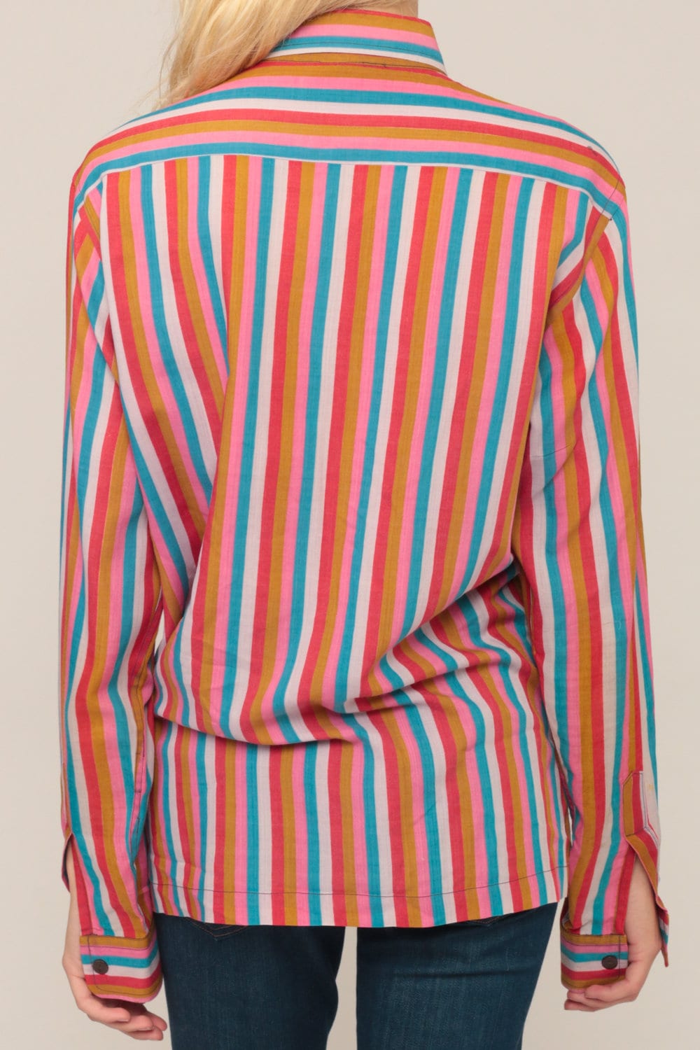 70s Striped Long Sleeve Button Up Blouse Rainbow Print Medium Large