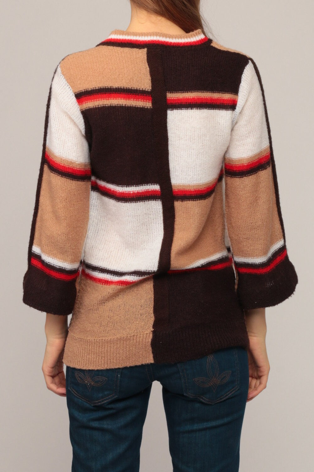 70s Colour Block Knit Sweater Bell Sleeve Tan Brown Pullover Small