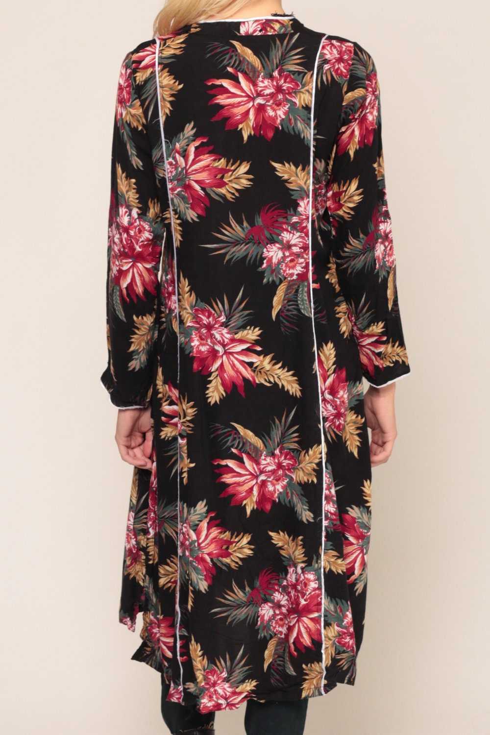 90s Black Floral Tunic Dress High Side Slit Long Sleeve Midi Large