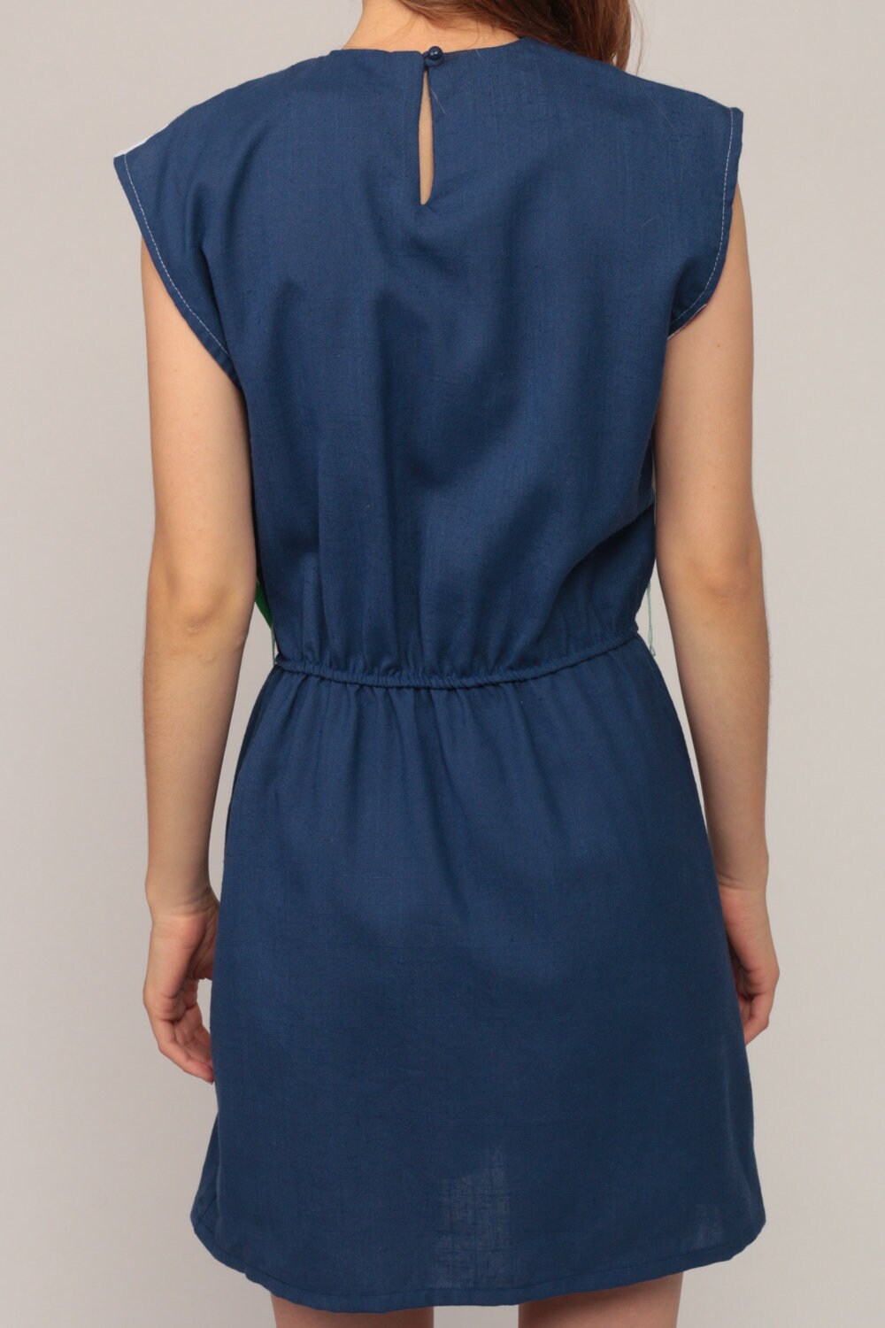 70s Striped Mini Dress Navy Blue Green White Cap Sleeve High Waist Large