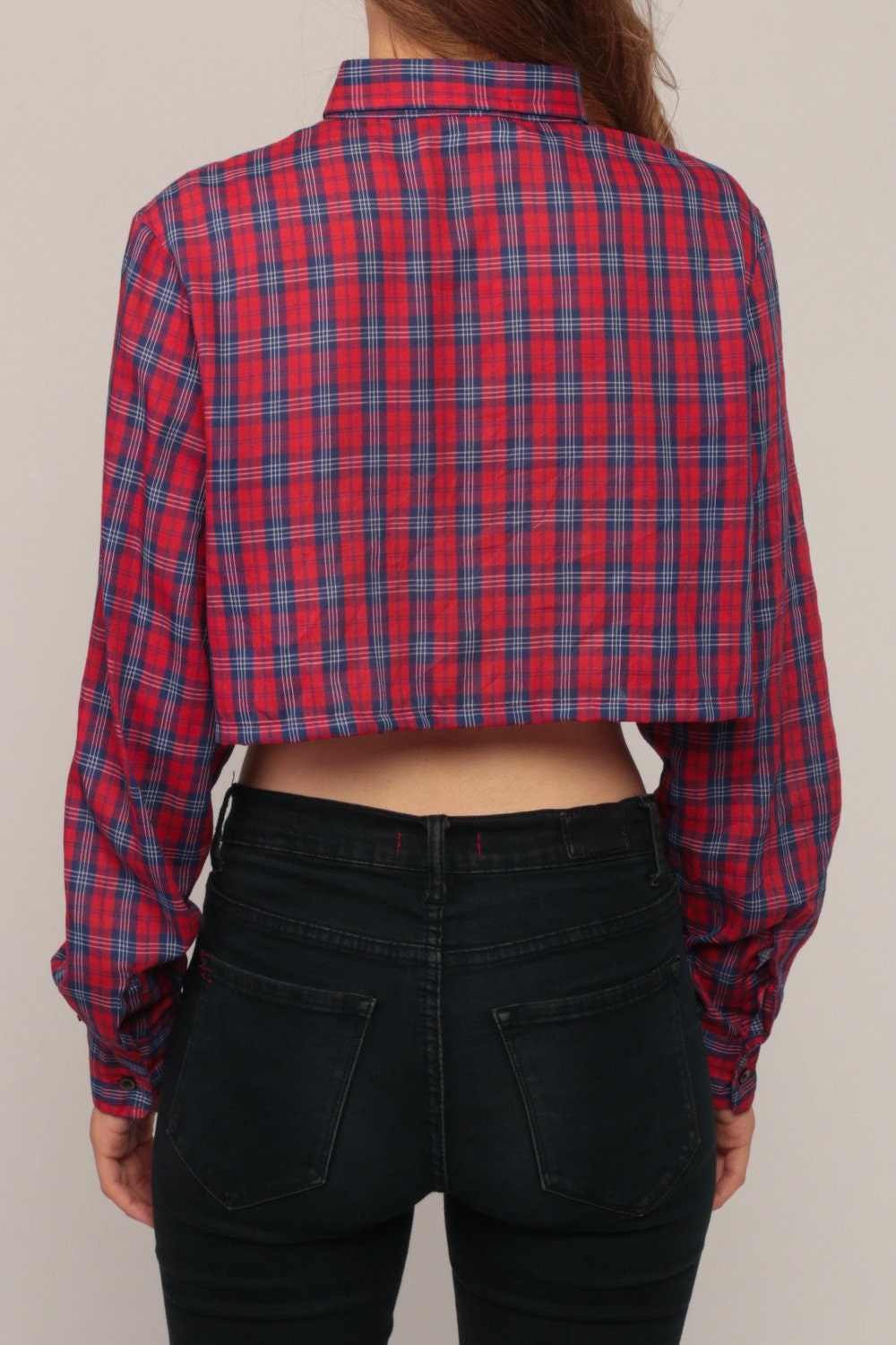 80s Plaid Crop Top Button-Up Blouse Red Blue Long Sleeve Small Medium