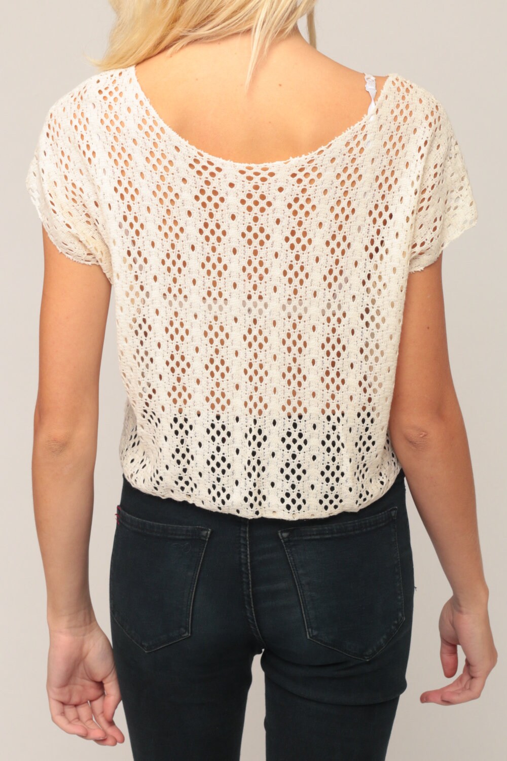 90s Sheer Lace Crop Top Off-White Cutout Cap Sleeve Medium Large