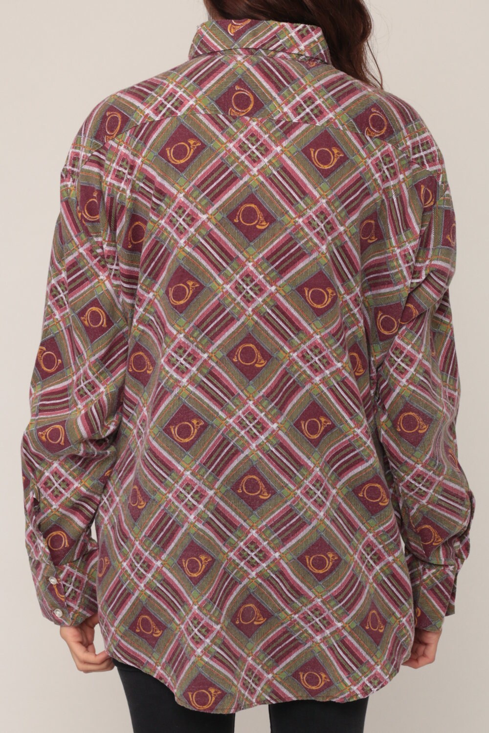 70s Horn Instrument Plaid Button-Up Shirt Long Sleeve Extra Large