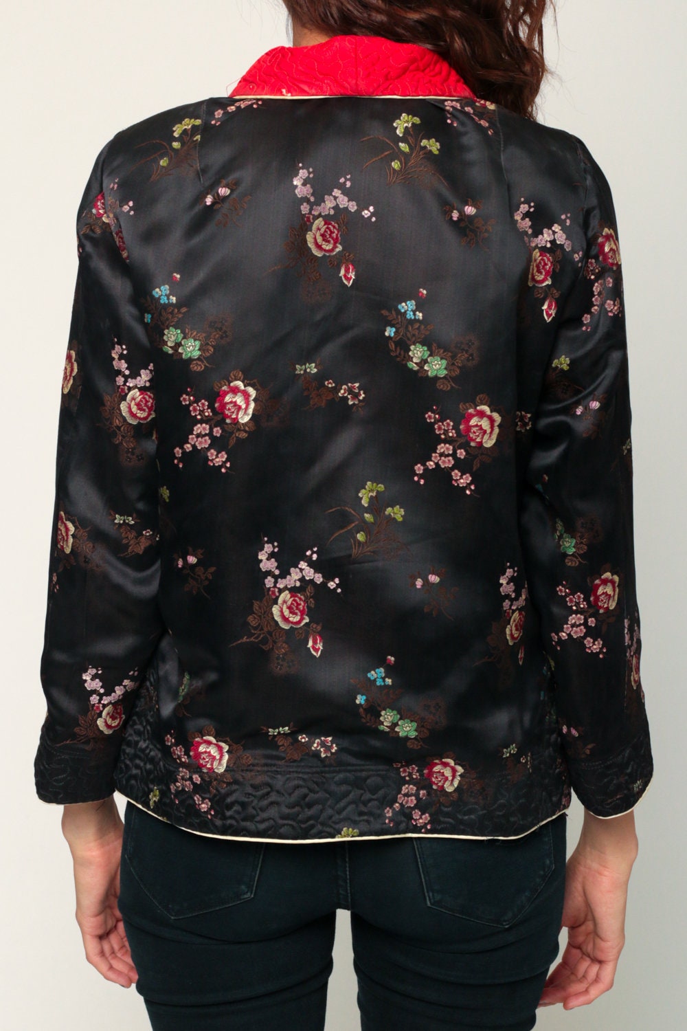 90s Chinese Reversible Satin Jacket Black Red Embroidered Mandarin Collar Small