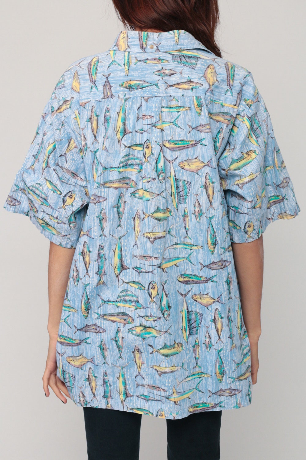 90s Fish Print Button Up Shirt Unisex Beach Novelty Blue Extra Large