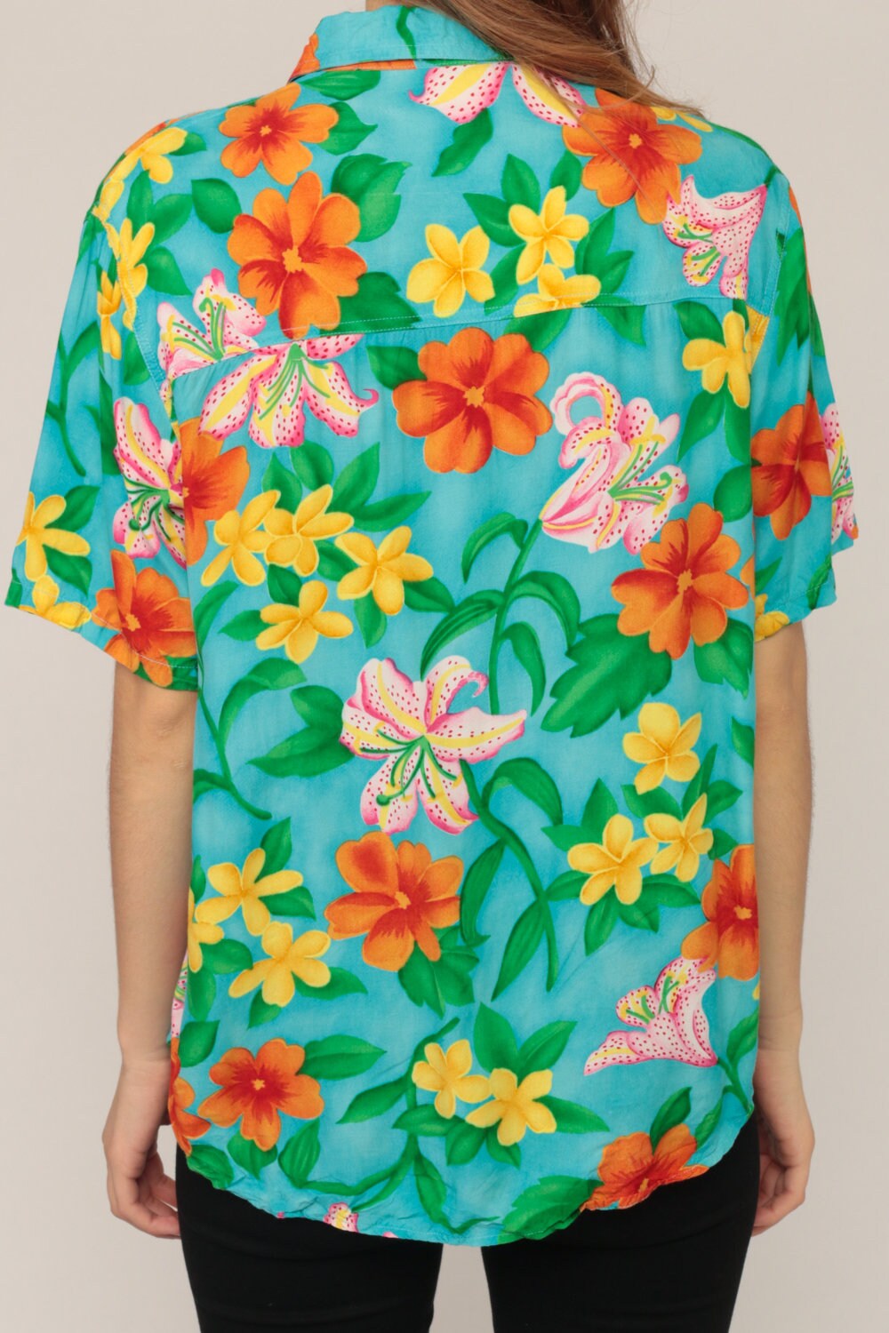 80s Hawaiian Floral Shirt Turquoise Button-Up Blouse Shoulder Pads Medium