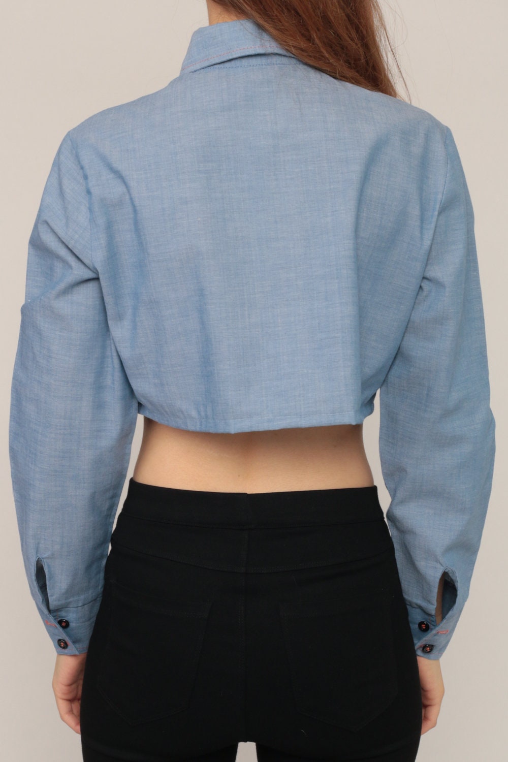 70s Blue Chambray Shirt Floral Embroidered Crop Top Long Sleeve Small