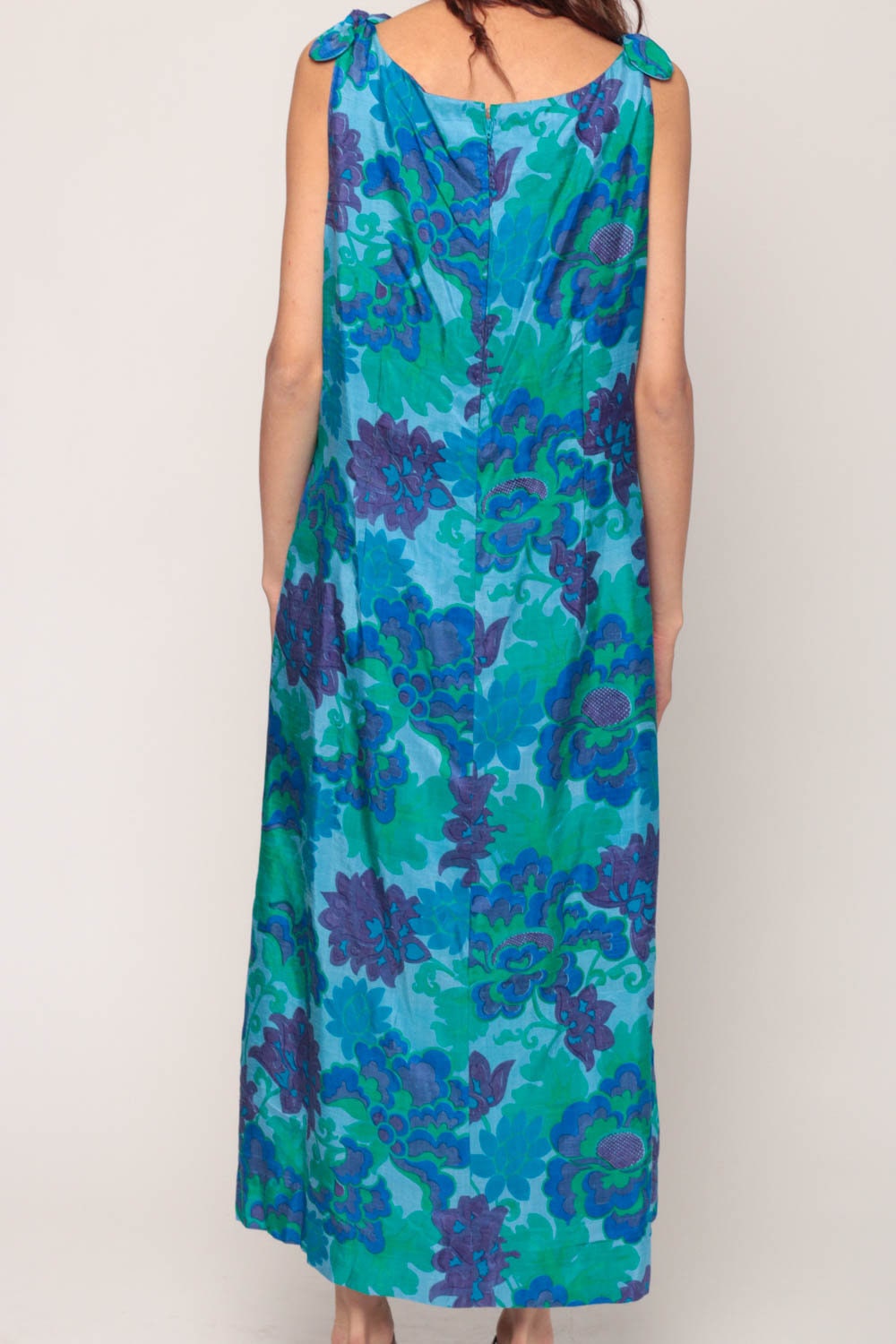 1970s Floral Maxi Dress Blue Green V-Neck Sleeveless Tie Shoulder Extra Large