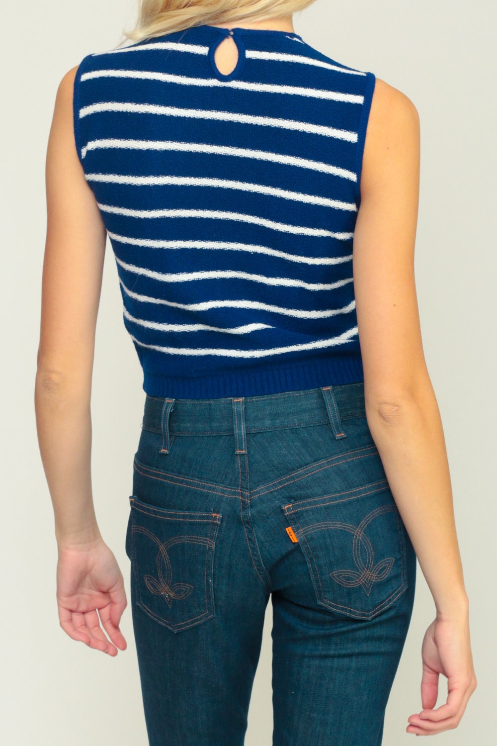 70s Dark Blue Striped Knit Tank Top Keyhole Neck Small