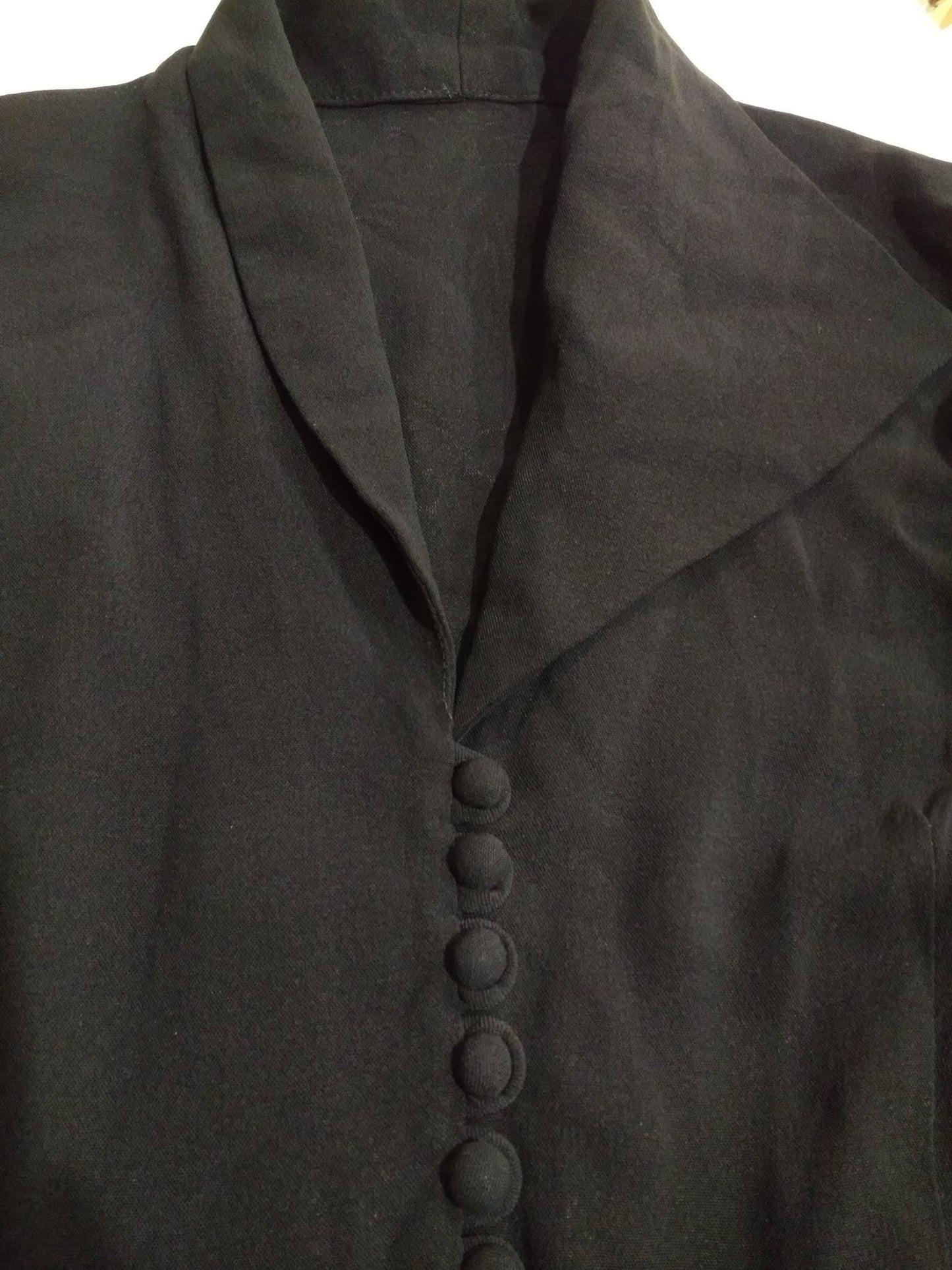 1940s Black Crepe Dress Asymmetrical Collar High Waist Midi Short Sleeve Extra Small