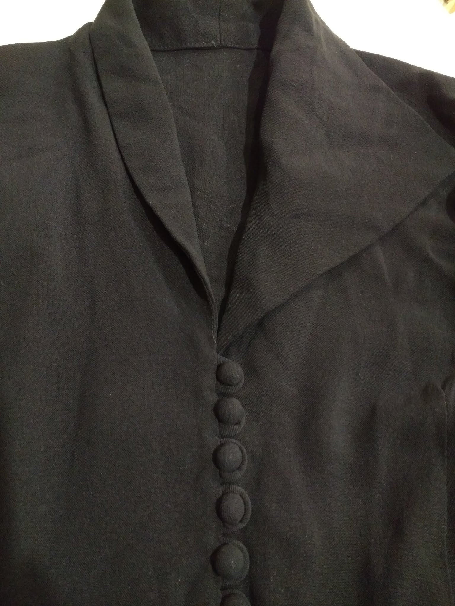 1940s Black Crepe Dress Asymmetrical Collar High Waist Midi Short Sleeve Extra Small