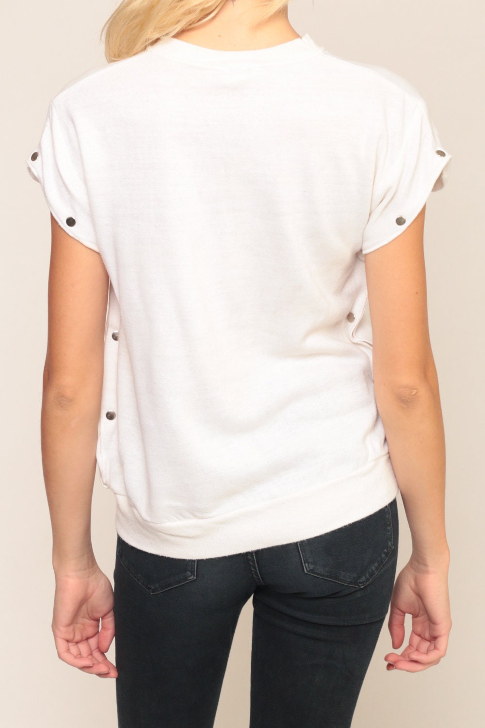 80s DJ Smash White Cap Sleeve Blouse Nautical Graphic Snap Side Medium