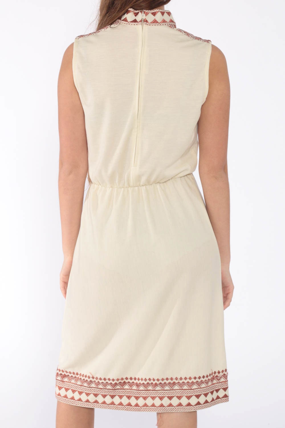 70s Cream Midi Dress High Waist Geometric Copper Trim Sleeveless Extra Small