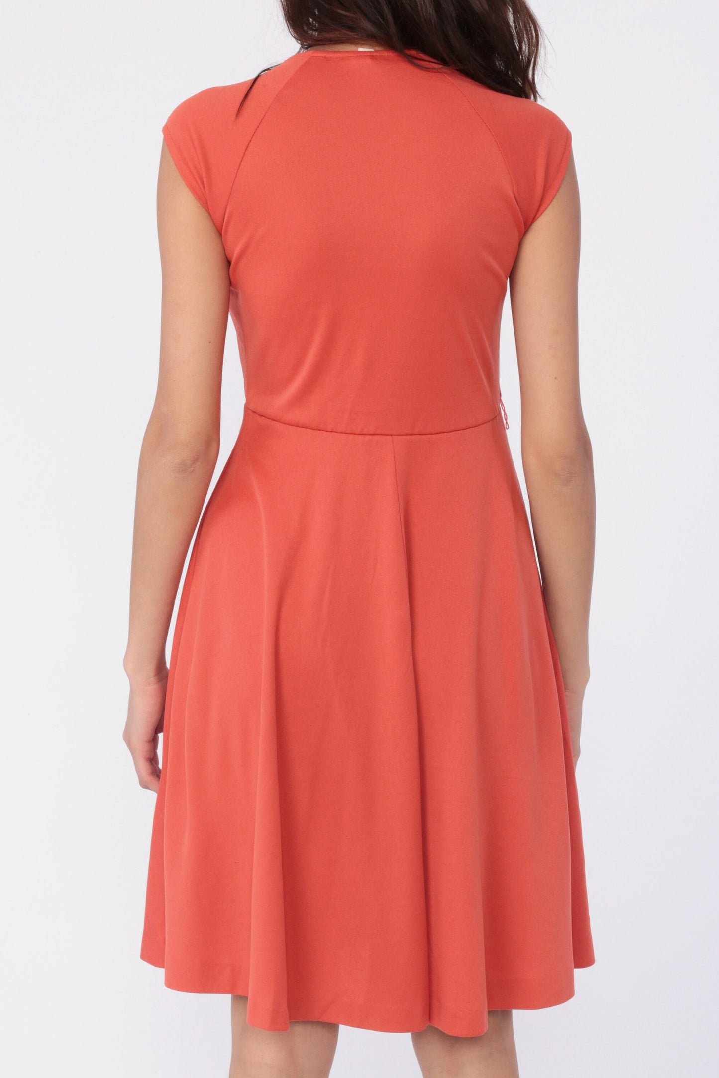 70s Orange Grecian Mini Dress Cap Sleeve Flared Round Neck Small