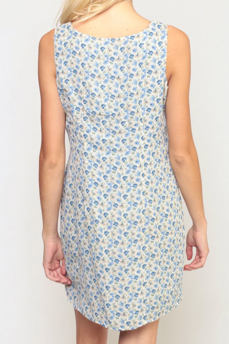 90s Reversible Floral Paisley Mini Dress Sleeveless Sheath Blue Small Medium
