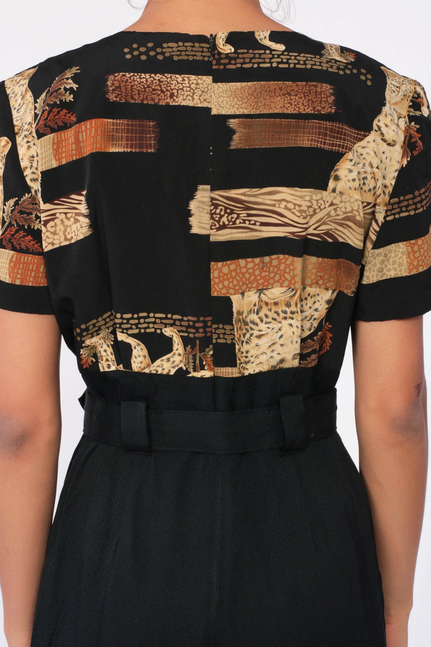 80s Animal Print Jumpsuit Black Belted High Waisted Tapered Medium 8