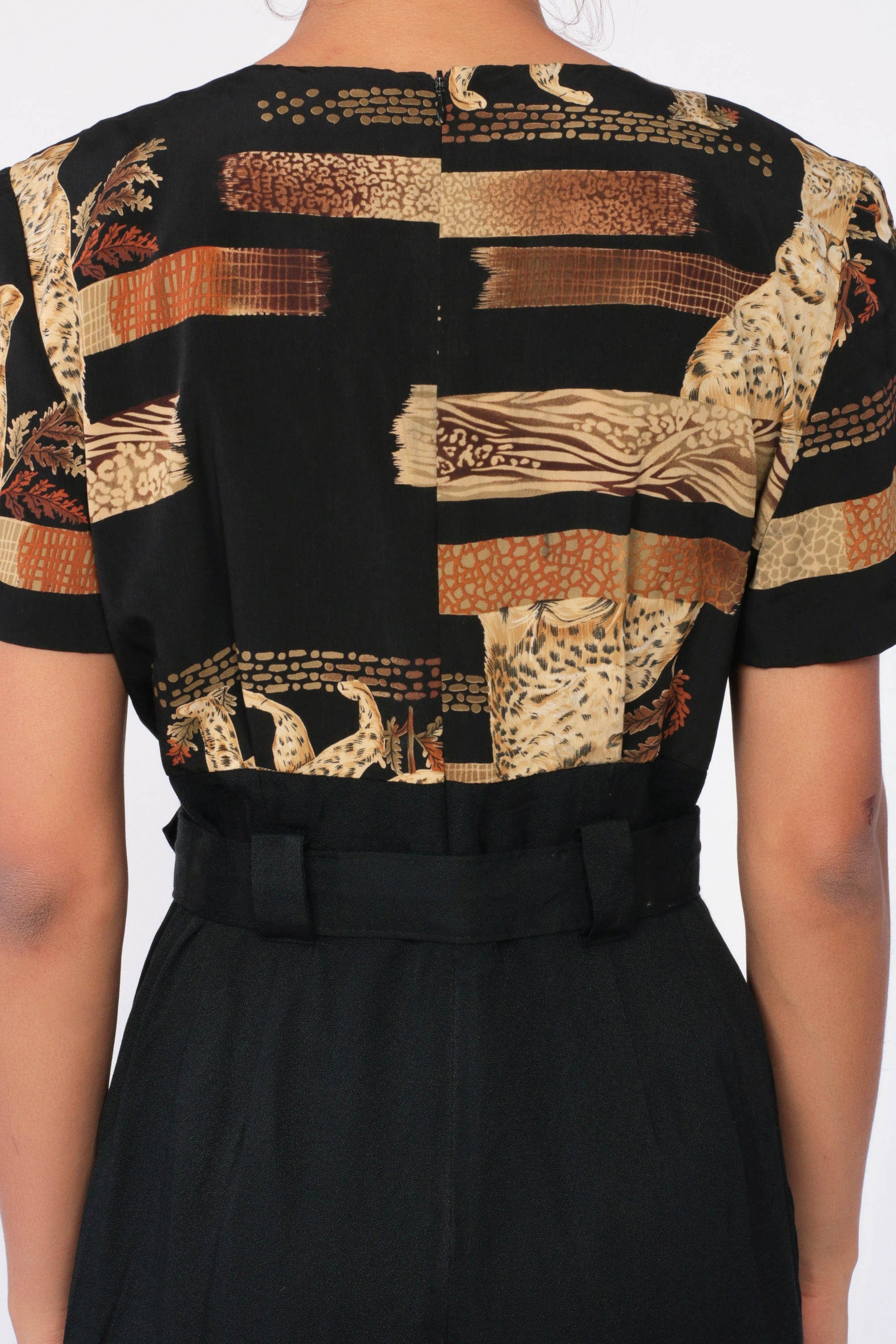 80s Animal Print Jumpsuit Black Belted High Waisted Tapered Medium 8
