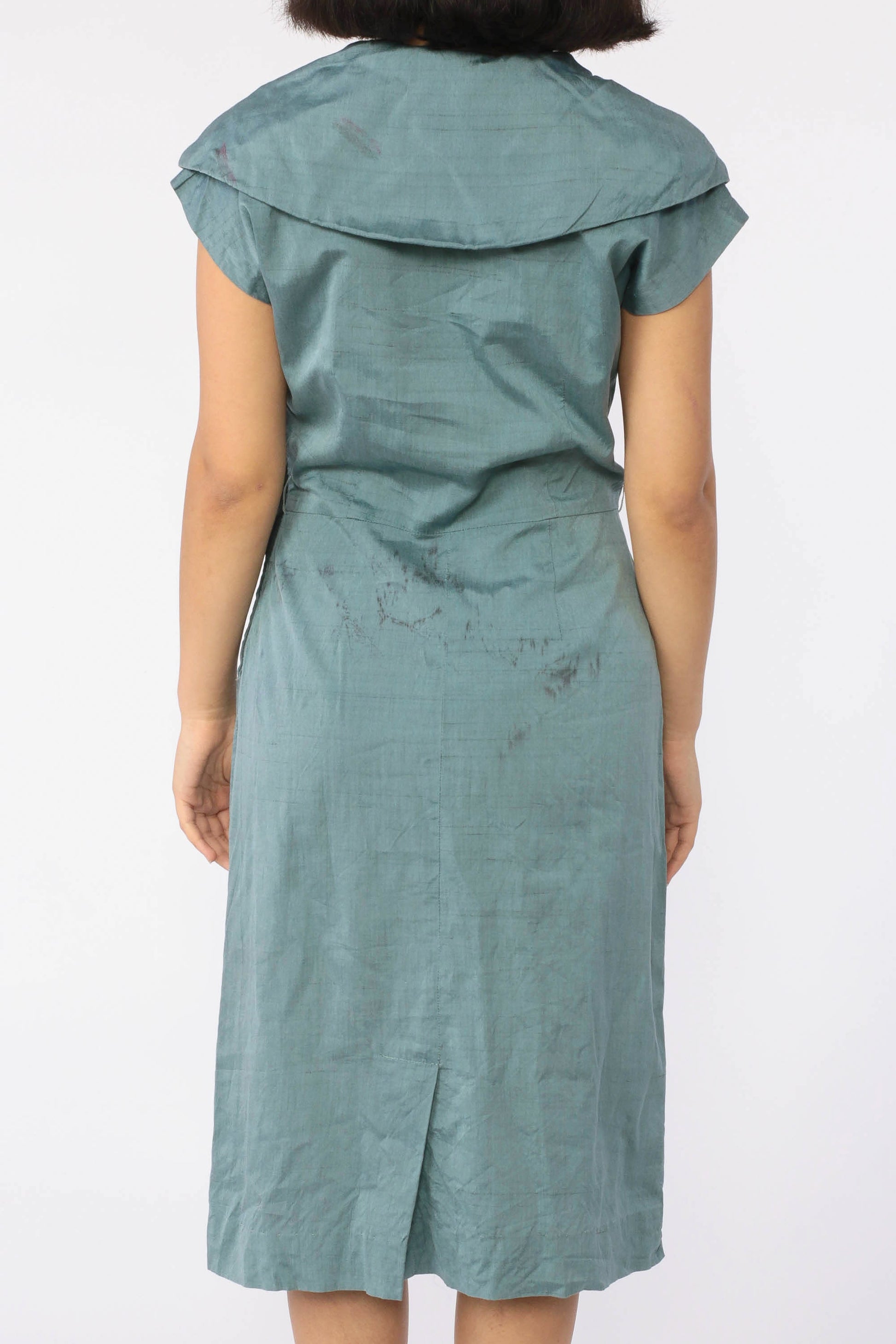 1950s Blue Sailor Collar Sheath Dress Wiggle Skirt Cap Sleeve Small