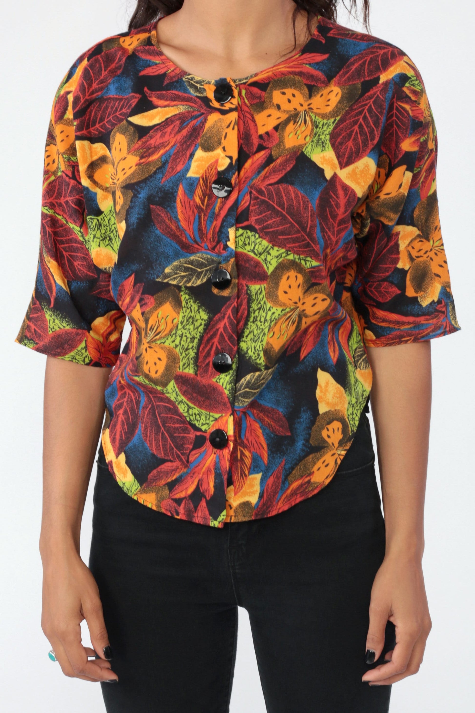 80s Tropical Floral Button-Up Blouse 3/4 Sleeve Crop Top Small Medium