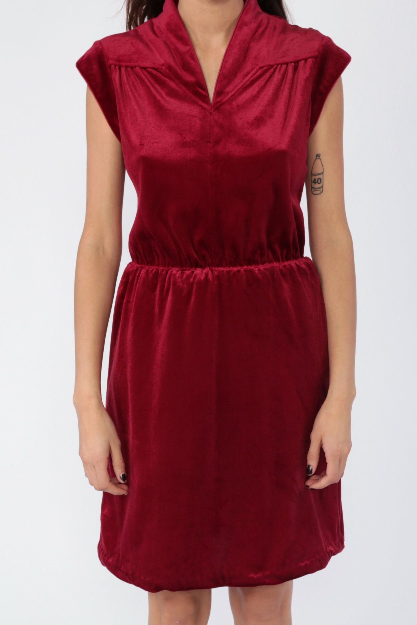 70s Dark Red Velvet Mini Dress Cap Sleeve High Waist Small Medium