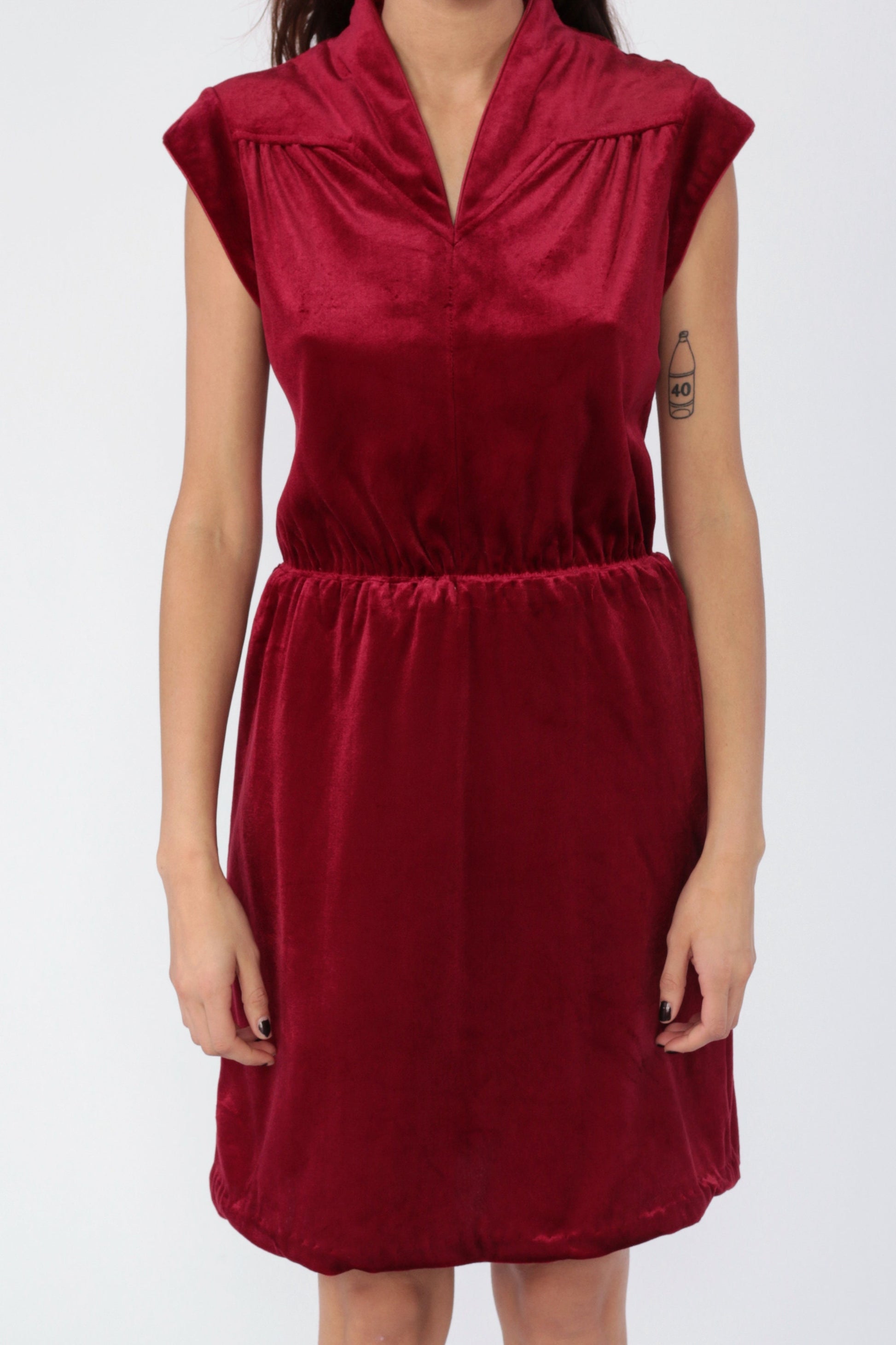 70s Dark Red Velvet Mini Dress Cap Sleeve High Waist Small Medium
