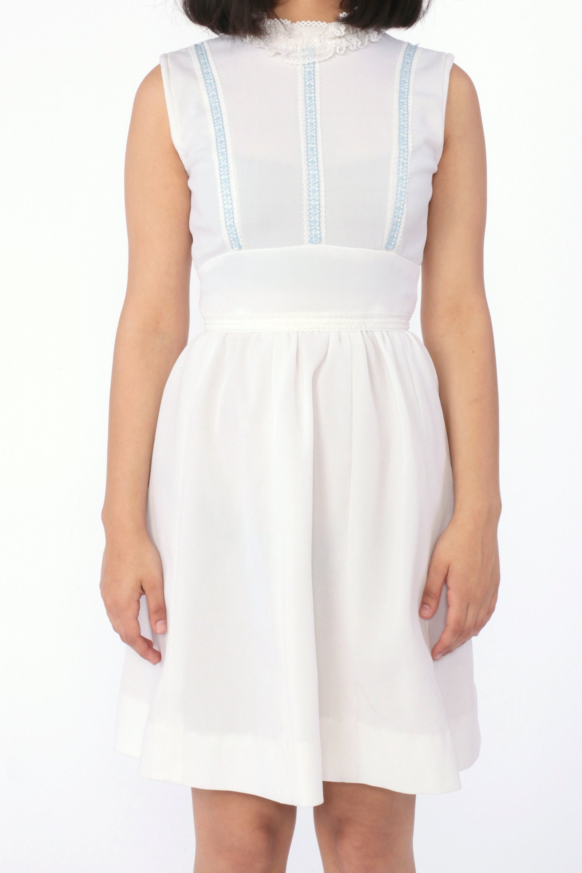 70s White Babydoll Mini Dress Empire Waist Lace Collar Sleeveless Extra Small