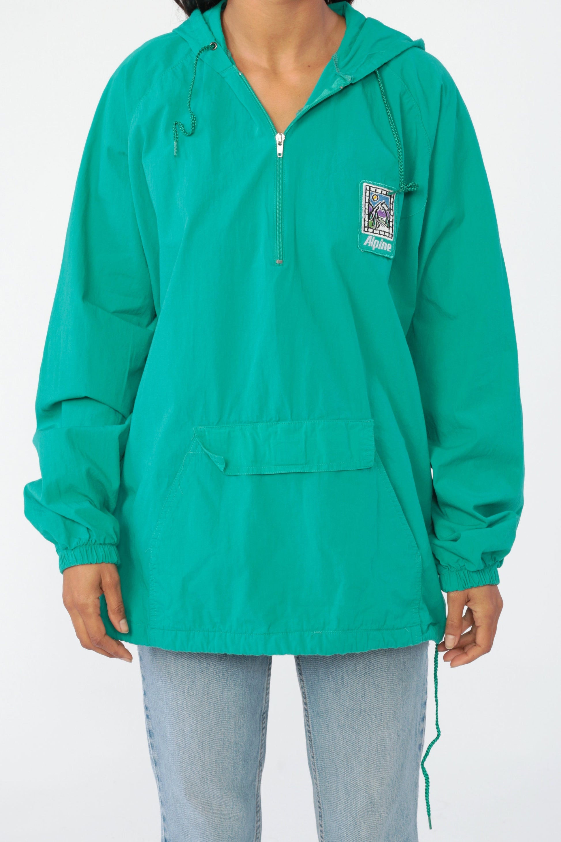 90s Alpine Mountain Hooded Windbreaker Jacket Green Cotton Pullover Large