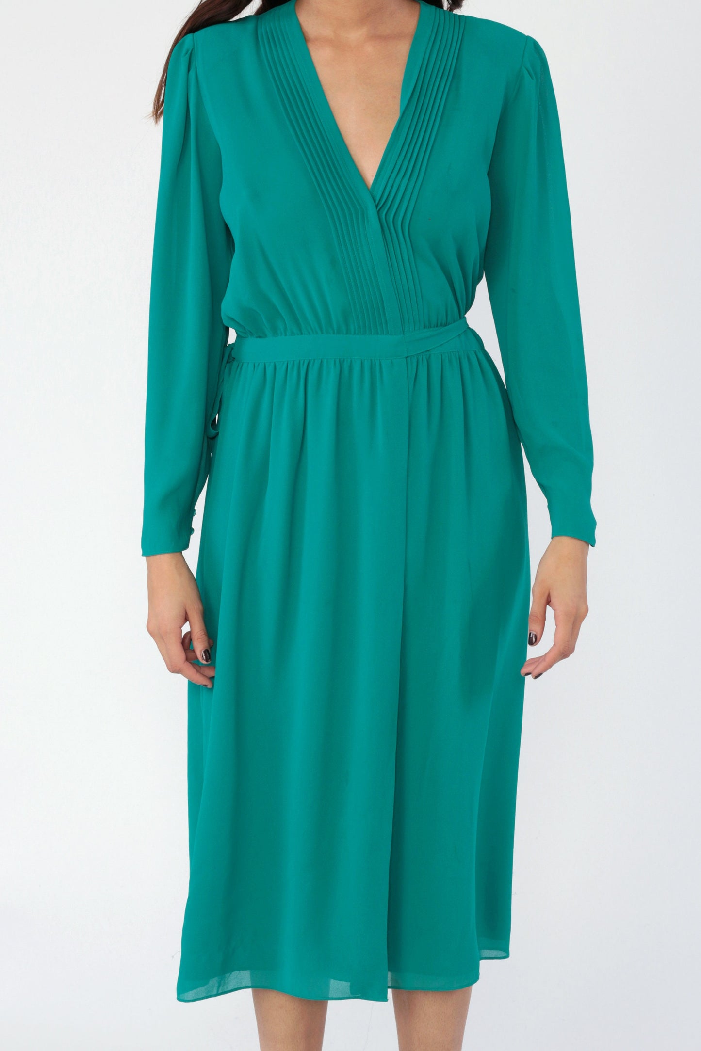 70s Teal Wrap Dress Deep V Neck Puff Sleeve High Waist Midi Small
