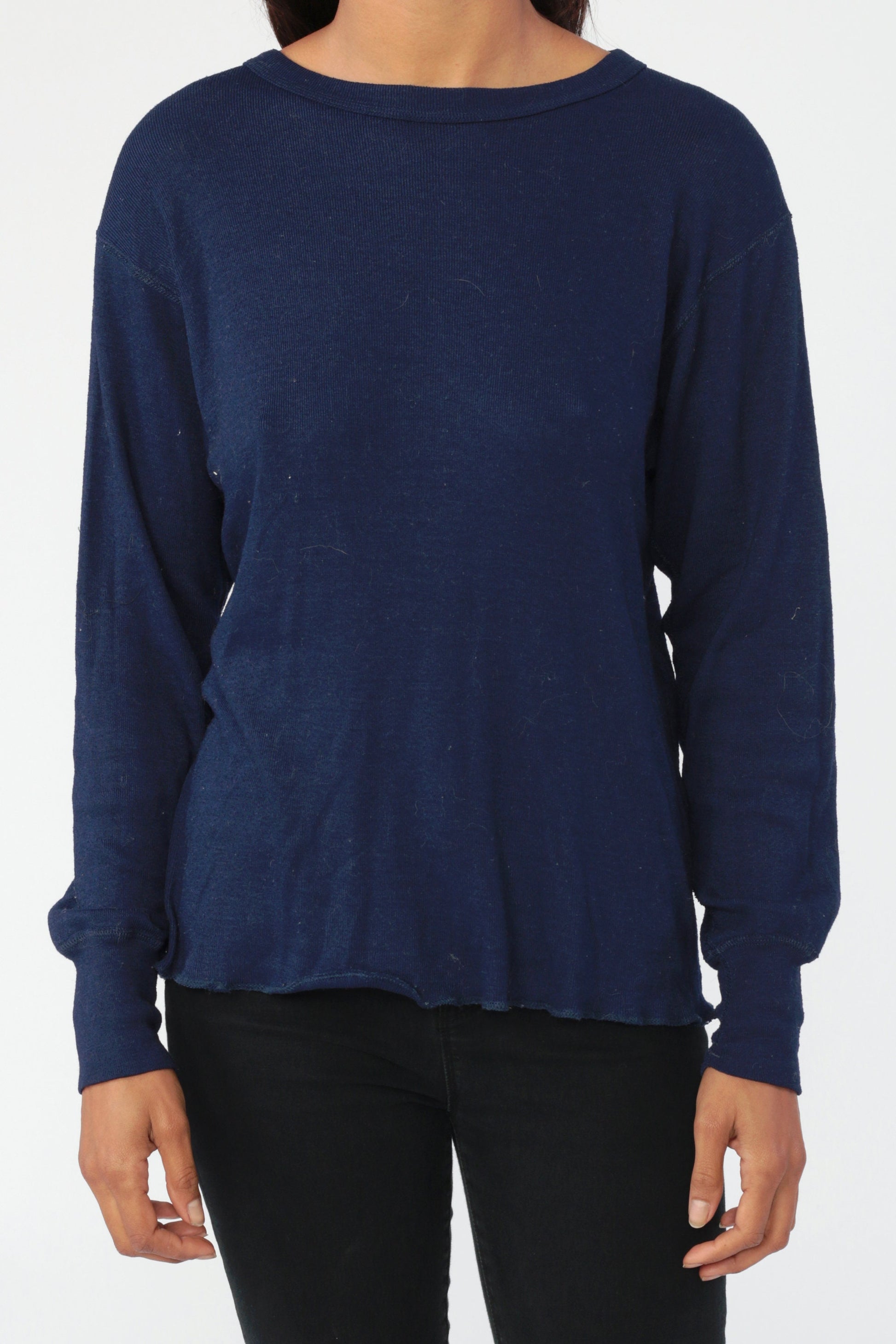 80s Navy Long Sleeve Athletic Shirt Polypropylene Stretchy Knit Extra Large XL