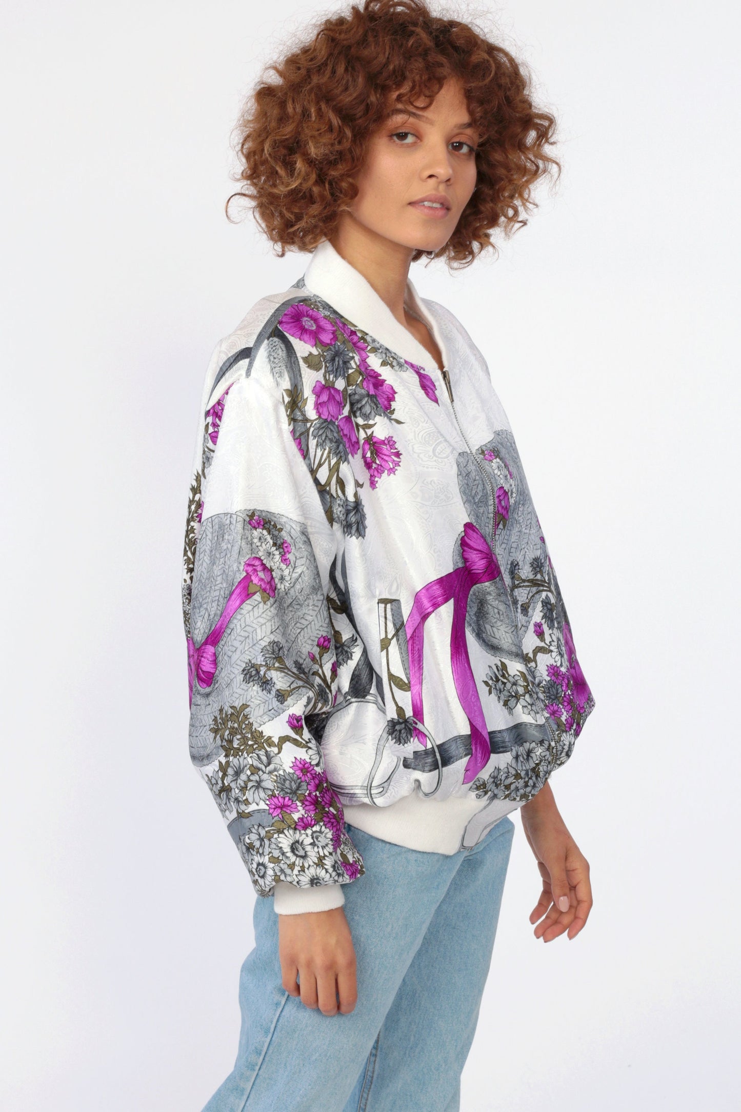 90s Floral Hat Print Windbreaker Jacket White Purple Medium