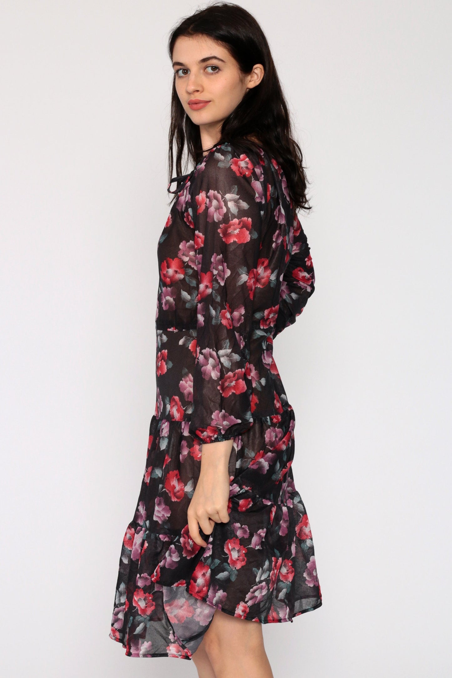 70s Floral Print Midi Dress Tiered Sheer Black High Waist Small