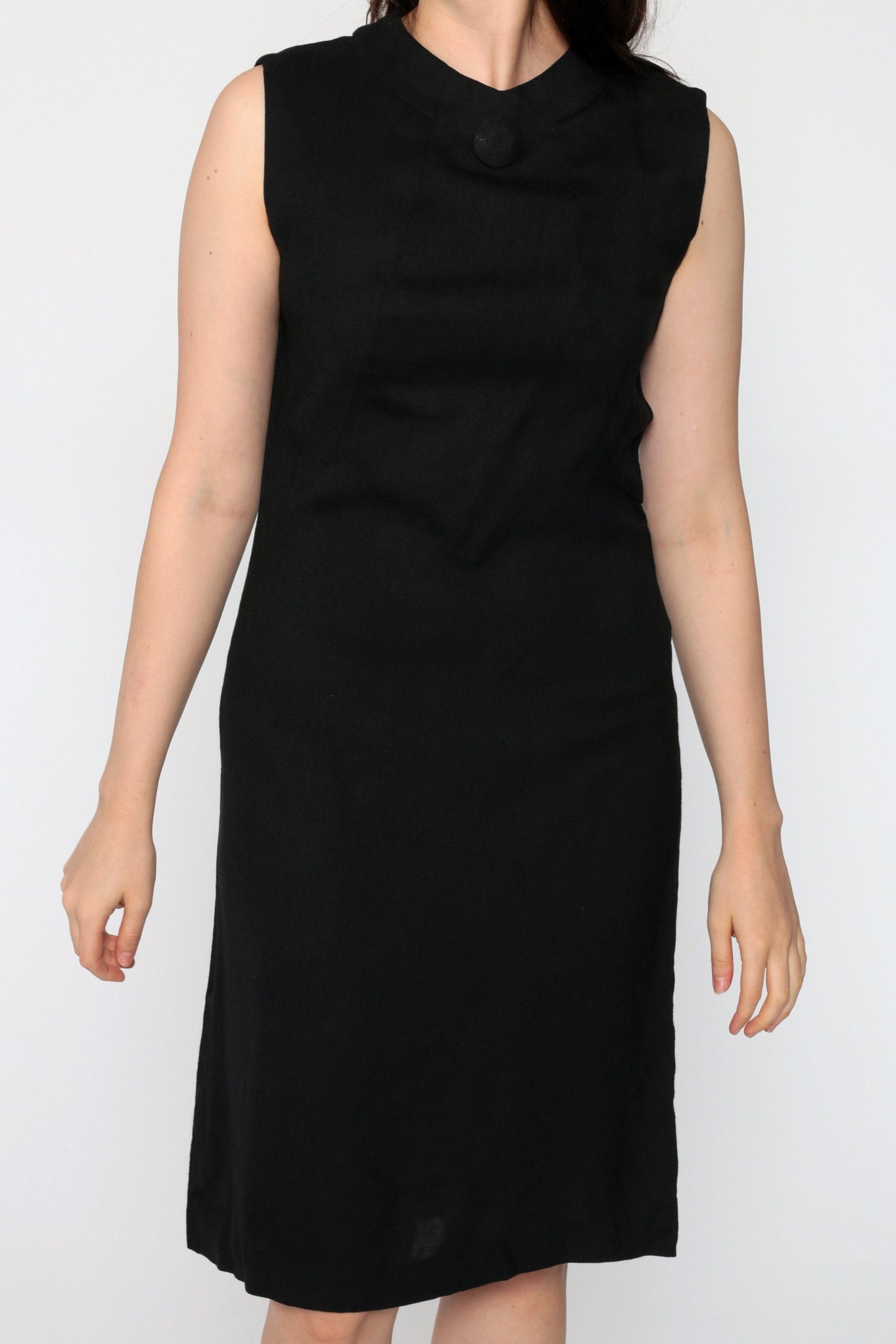 60s Black Linen Shift Dress Mini Length Sleeveless Button Neck Small