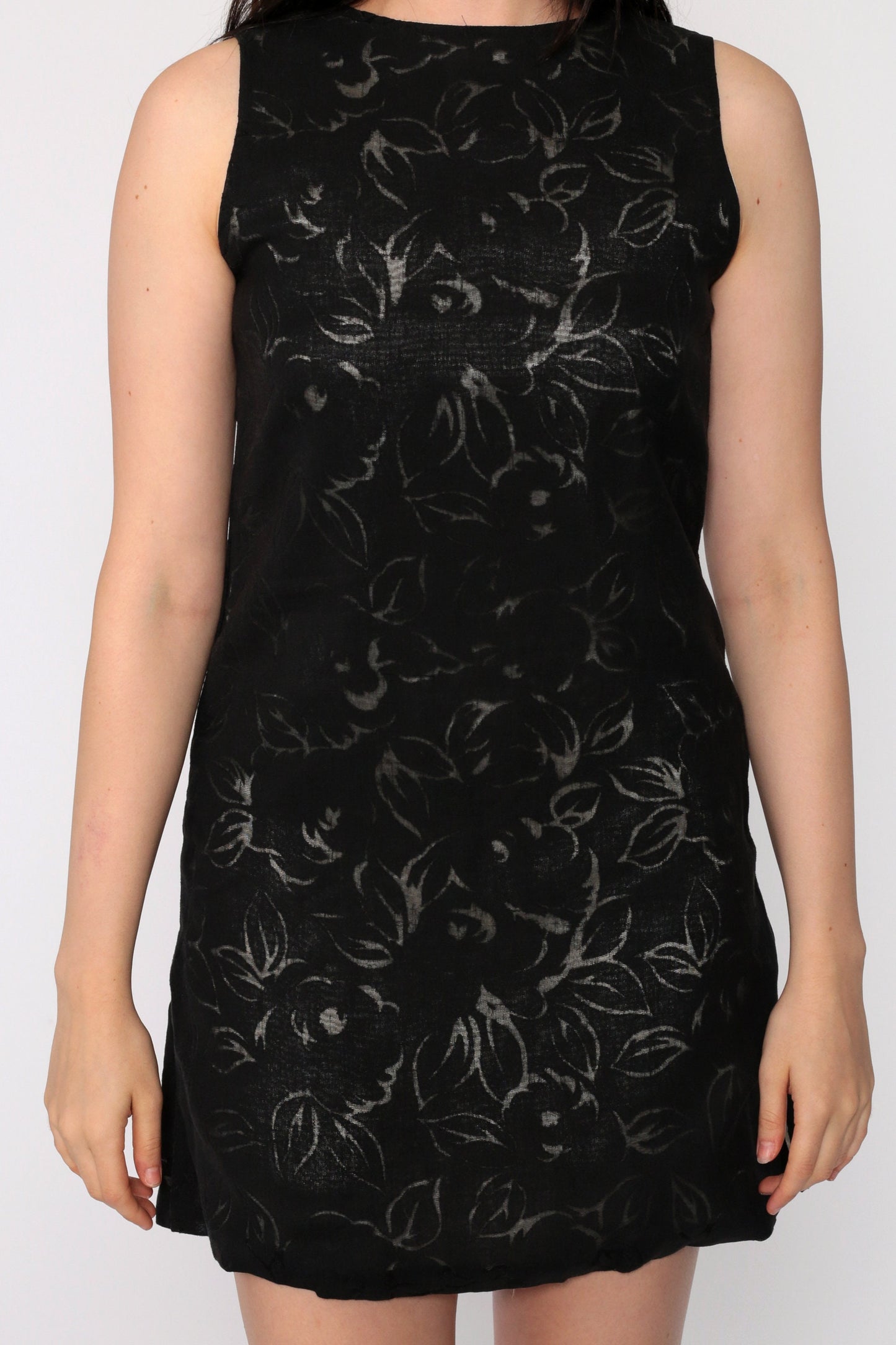 90s Black Floral Burnout Mini Dress Sleeveless Shift Extra Small