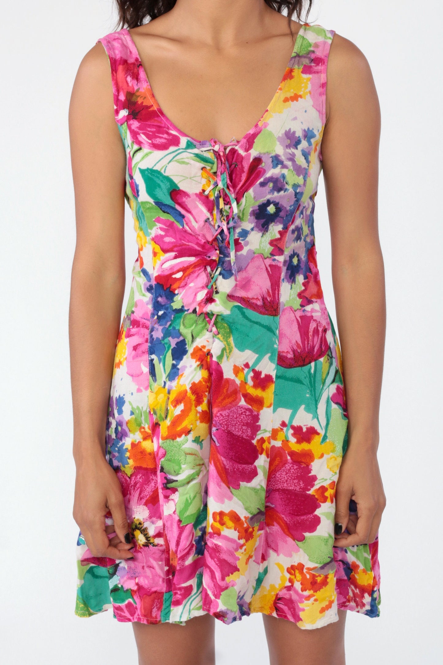 80s Tropical Floral Romper Playsuit Low Back Lace Up Sleeveless Small Medium