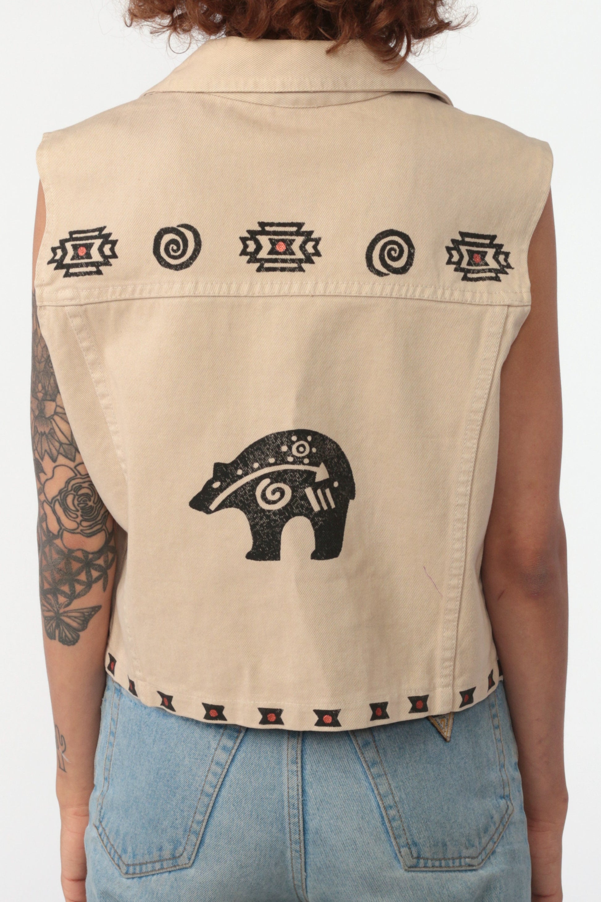 80s Watch LA Denim Vest Tan Southwestern Bear Print Medium