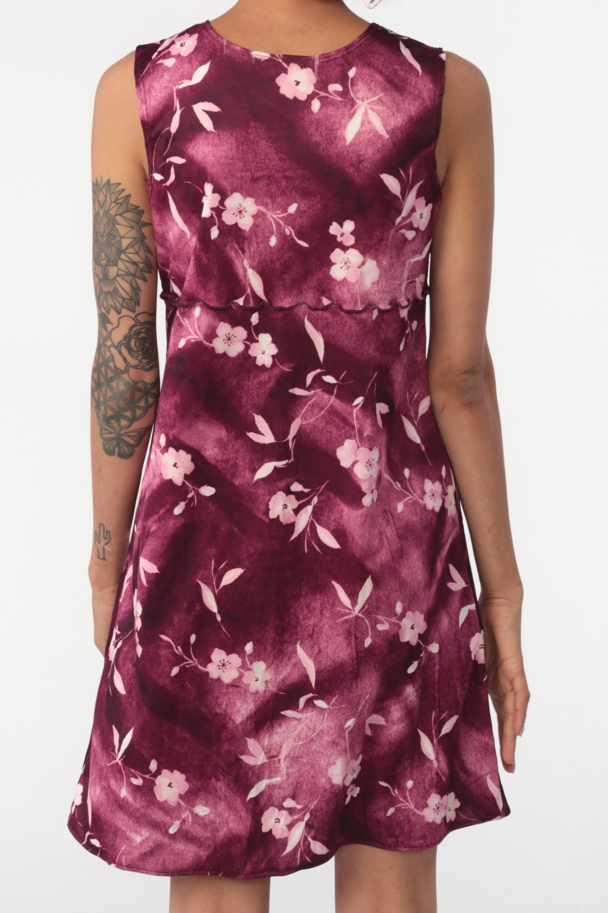 90s Floral Mini Dress Purple White Lettuce Edge Sleeveless Sheath Small