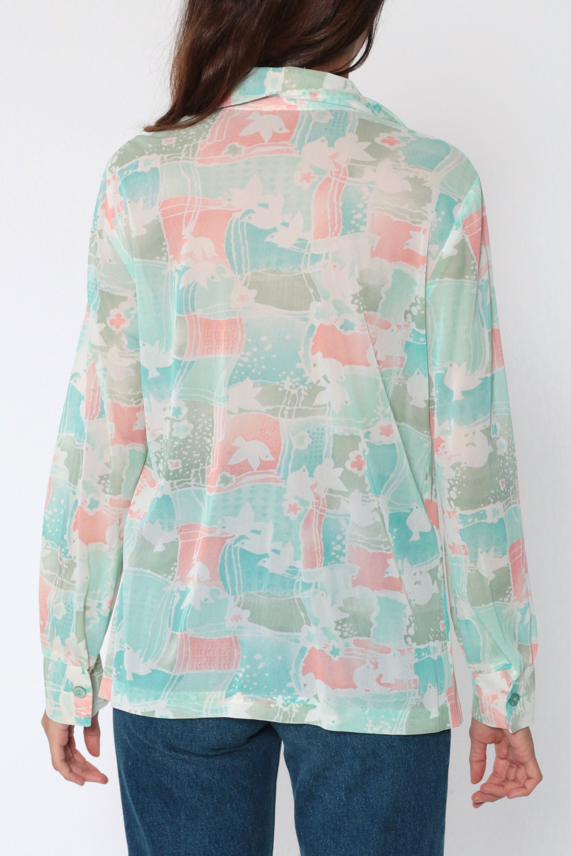 70s Dove Print Button Up Blouse Long Sleeve Patchwork Pink Green Medium