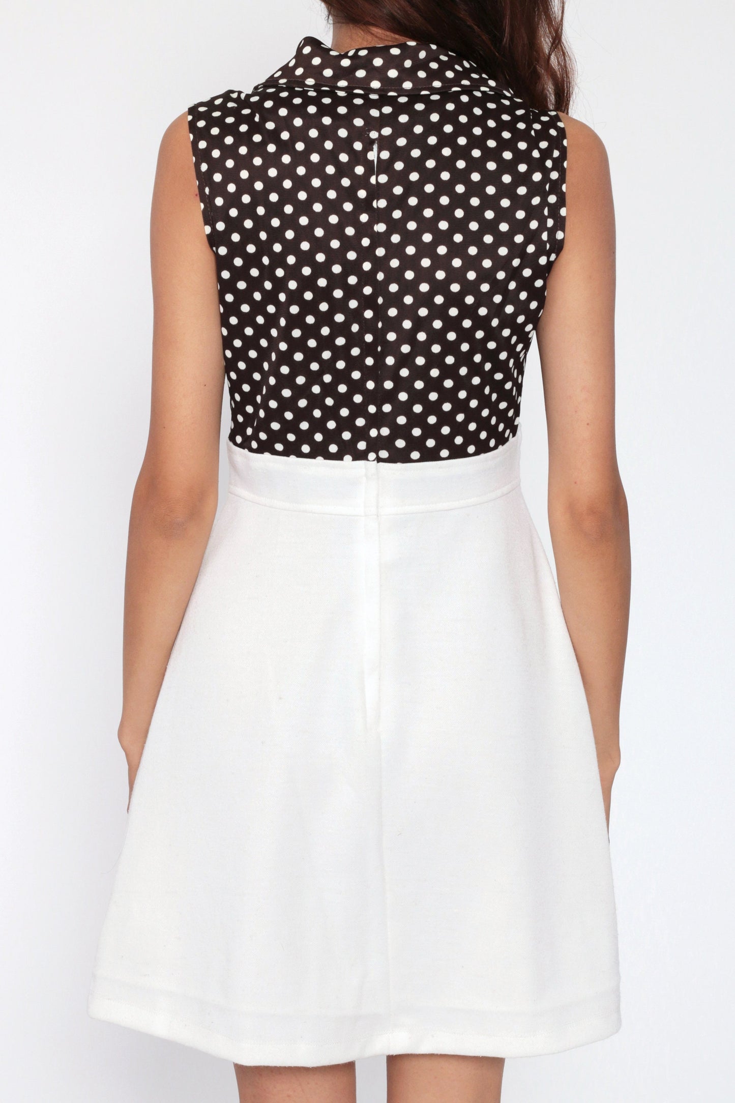 70s Brown Polka Dot Babydoll Dress Empire Waist Button Front Mini White Small