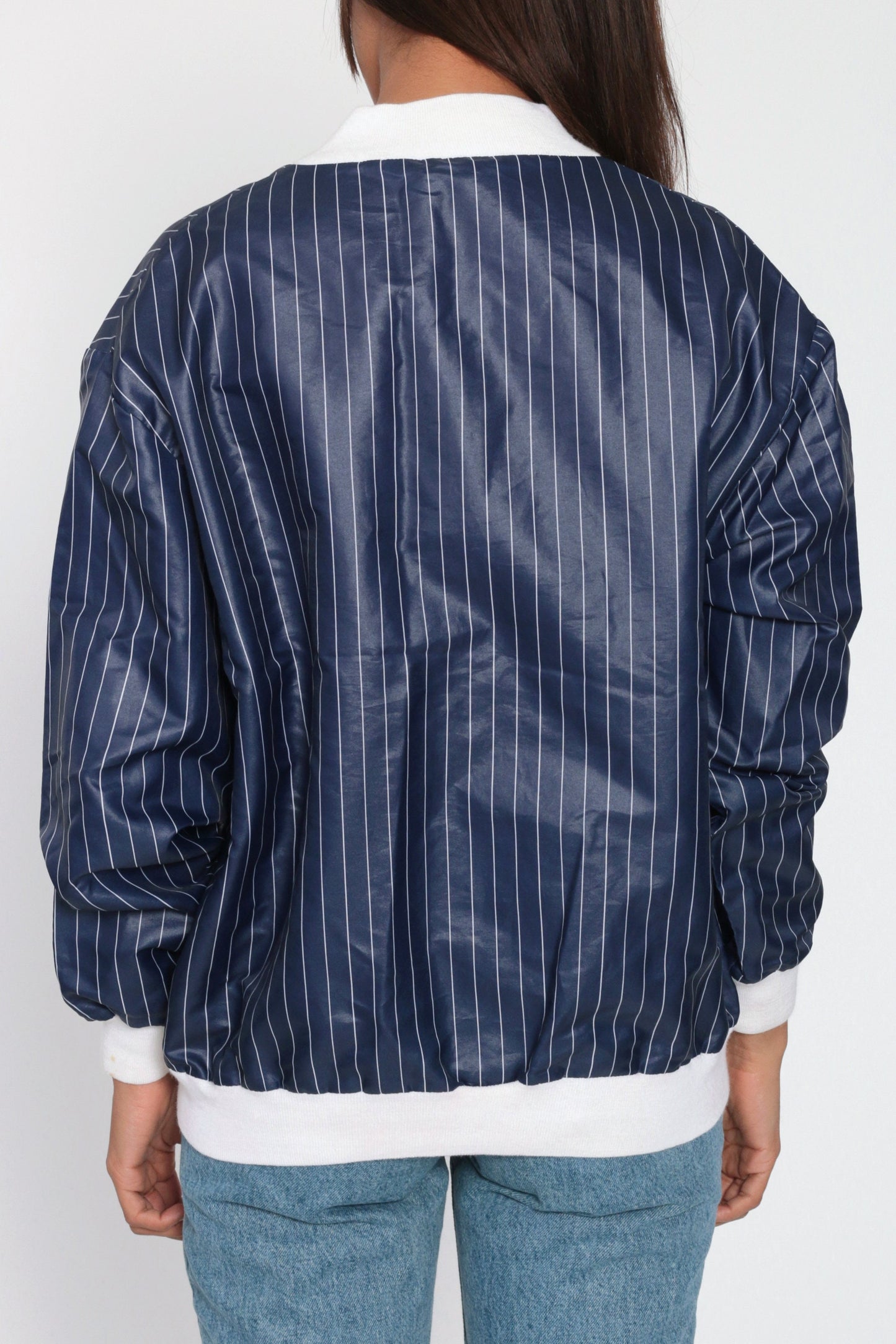80s Pierre Cardin Striped Bomber Jacket Blue White Nylon Windbreaker Medium Large