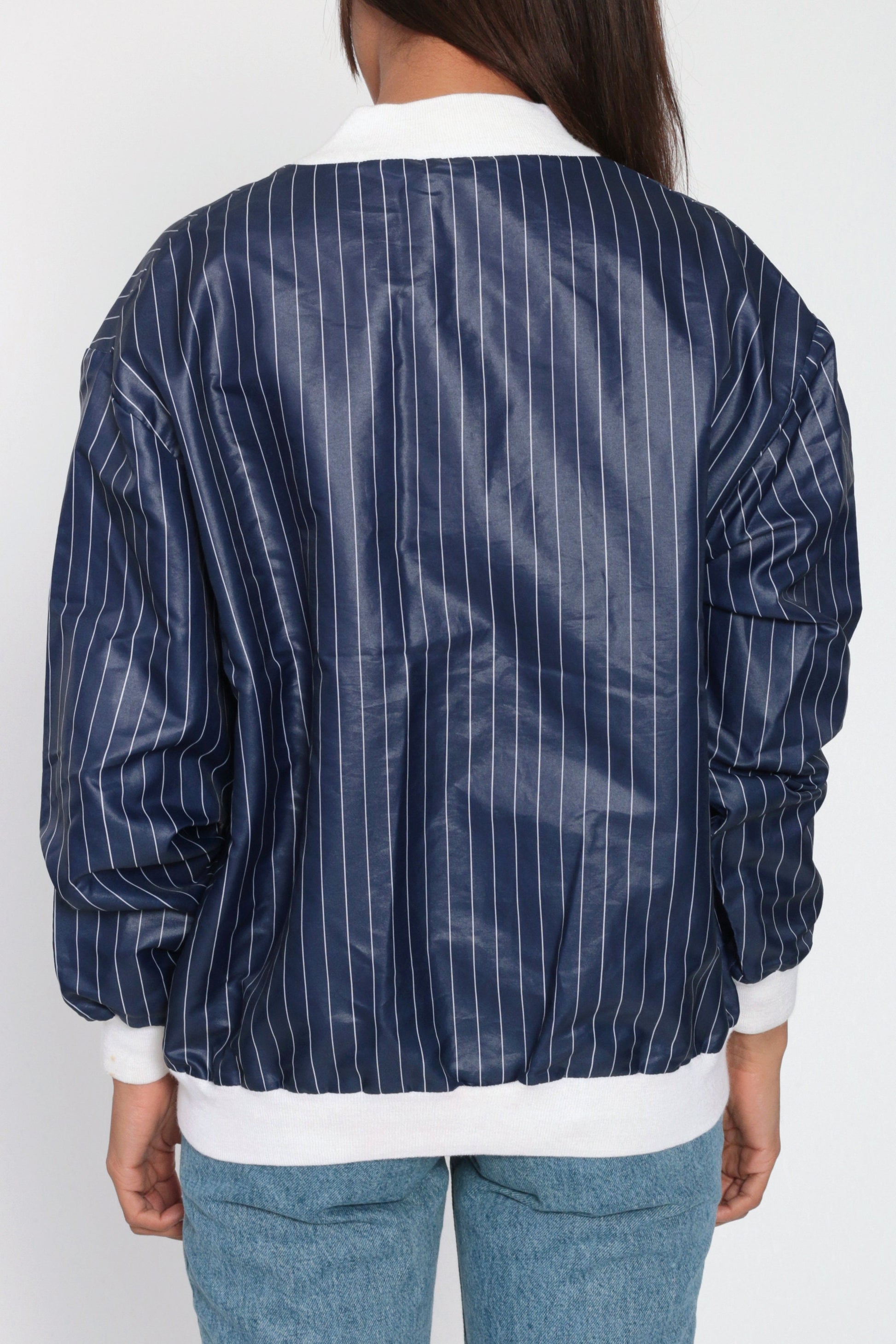80s Pierre Cardin Striped Bomber Jacket Blue White Nylon Windbreaker Medium Large